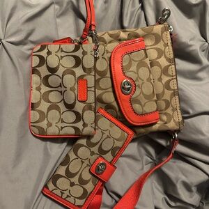 Coach Tan and Red Crossbody Bag Set